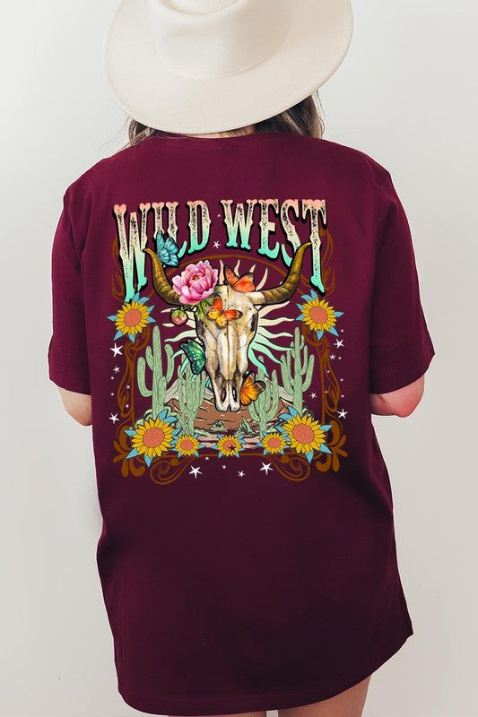 Back view of a Wild West graphic short-sleeve T-shirt with a colorful western design