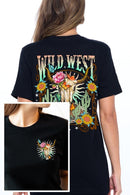 Back view of a Wild West graphic short-sleeve T-shirt with a colorful western design