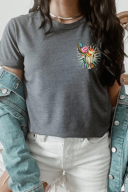 Front view of a Wild West graphic short-sleeve T-shirt with a small chest graphic