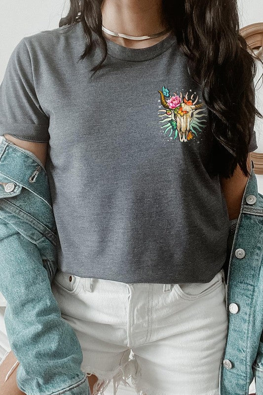 Front view of a Wild West graphic short-sleeve T-shirt with a small chest graphic