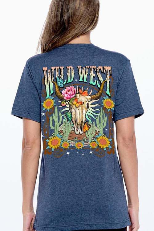 Back view of a Wild West graphic short-sleeve T-shirt with a colorful western design