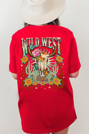 Back view of a Wild West graphic short-sleeve T-shirt with a colorful western design