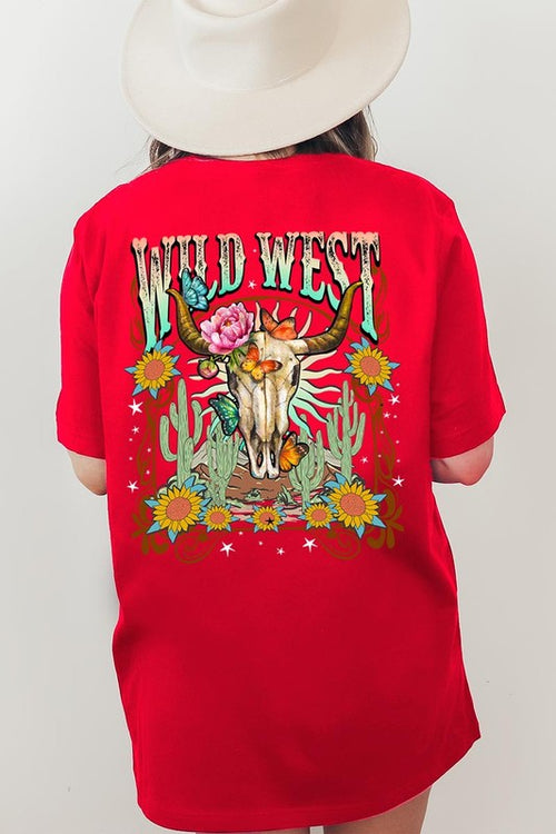 Back view of a Wild West graphic short-sleeve T-shirt with a colorful western design