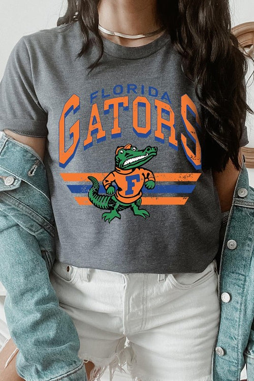 Florida Gators graphic short-sleeve T-shirt with printed lettering, shown worn by a model