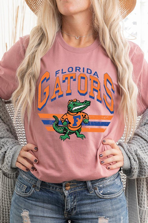 Florida Gators graphic short-sleeve T-shirt with printed lettering, shown worn by a model