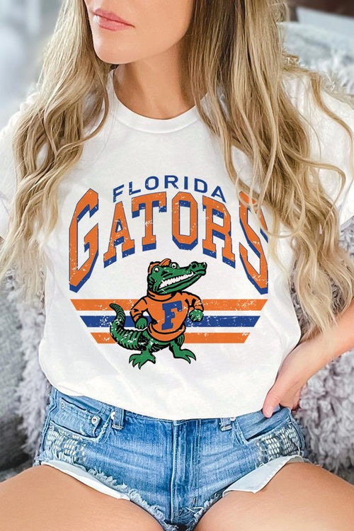 Florida Gators graphic short-sleeve T-shirt with printed lettering, shown worn by a model