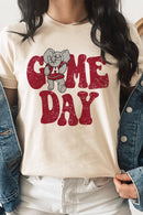 Game Day graphic short-sleeve T-shirt with printed lettering, shown worn by a model