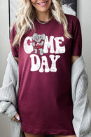 Game Day graphic short-sleeve T-shirt with printed lettering, shown worn by a model