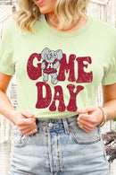 Game Day graphic short-sleeve T-shirt with printed lettering, shown worn by a model