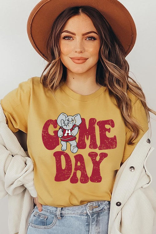 Game Day graphic short-sleeve T-shirt with printed lettering, shown worn by a model