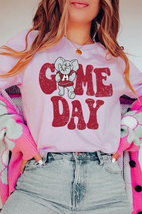 Game Day graphic short-sleeve T-shirt with printed lettering, shown worn by a model