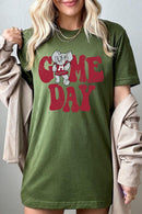 Game Day graphic short-sleeve T-shirt with printed lettering, shown worn by a model