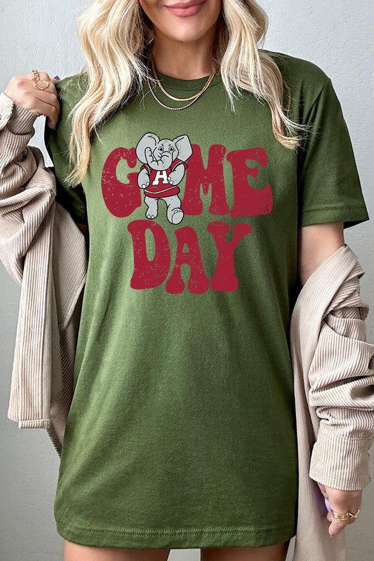Game Day graphic short-sleeve T-shirt with printed lettering, shown worn by a model
