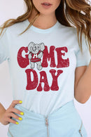 Game Day graphic short-sleeve T-shirt with printed lettering, shown worn by a model