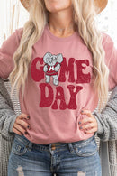 Game Day graphic short-sleeve T-shirt with printed lettering, shown worn by a model