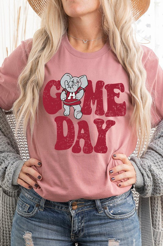 Game Day graphic short-sleeve T-shirt with printed lettering, shown worn by a model