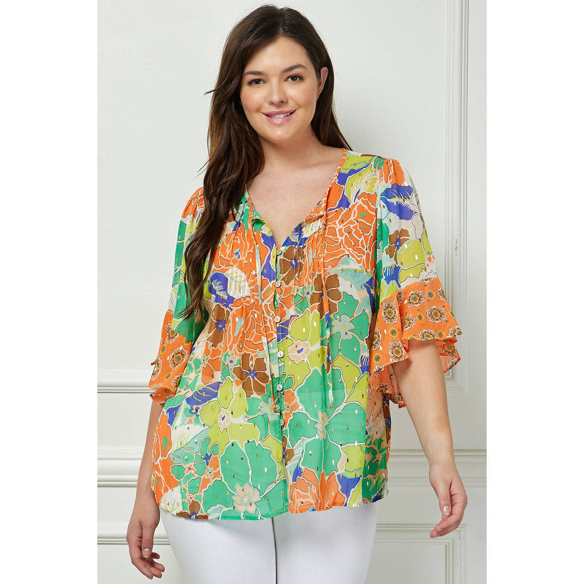 Winslow Collection - PLUS SIZE SHEER PRINTED PEASANT BLOUSE COU95L78X