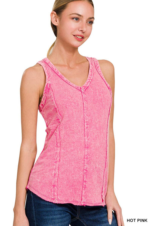 42POPS - `.SI-25350 Washed Raw Edge V Neck Sleeveless Top
