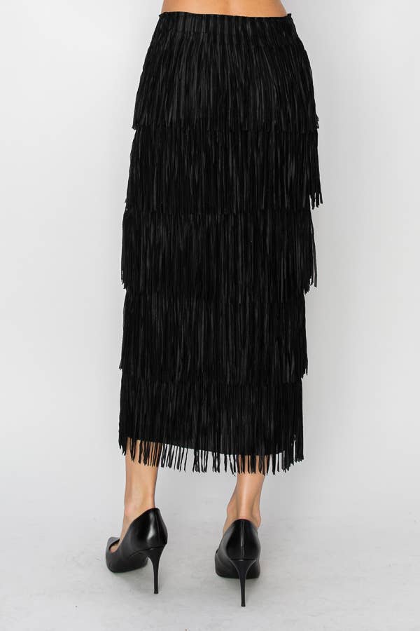 Origami Apparel ~ Multi Layered Fringed Black Midi Skirt - OLS-4794BK