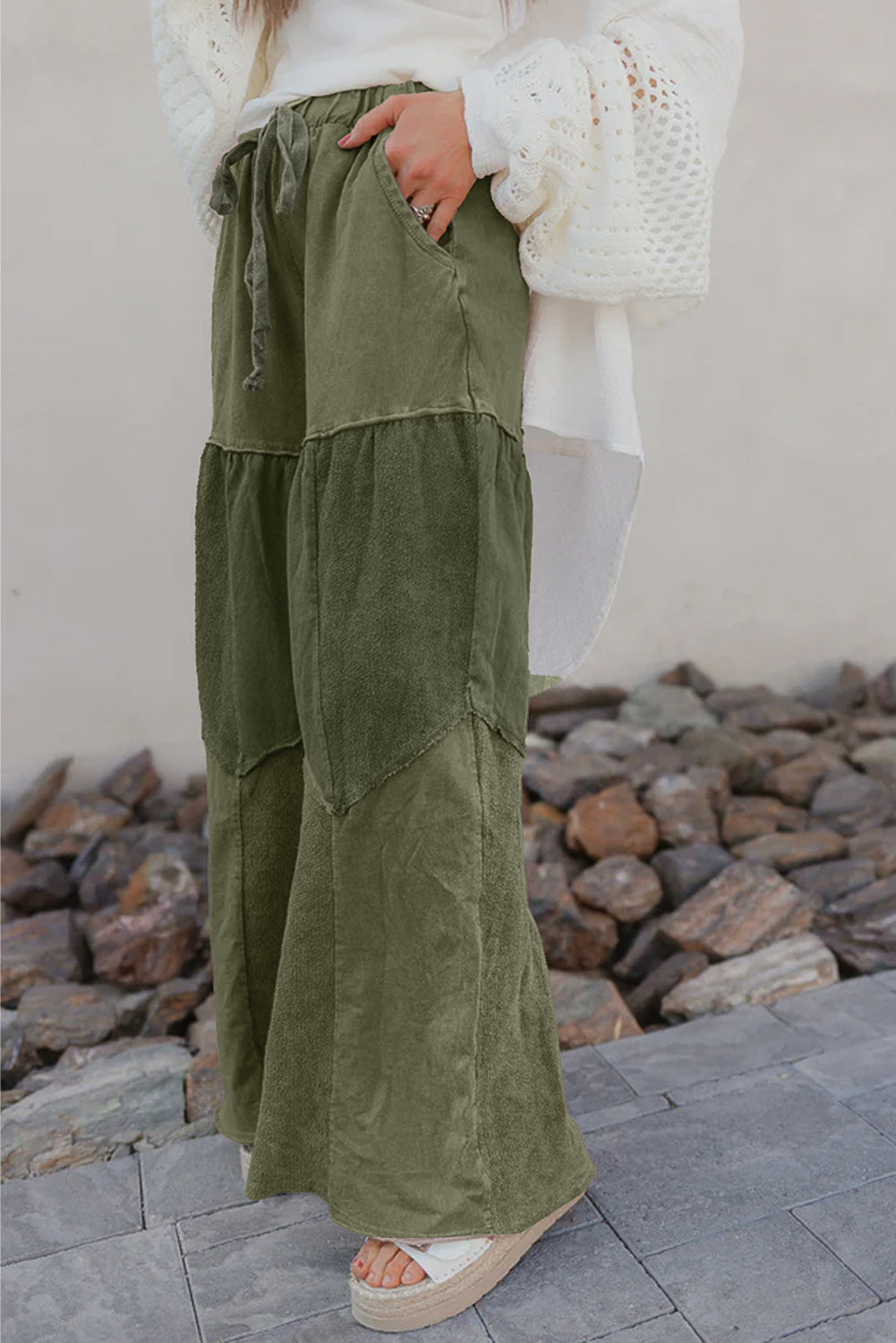 Mineral Wash Tiered Wide Leg Patchwork Drawstring Pants