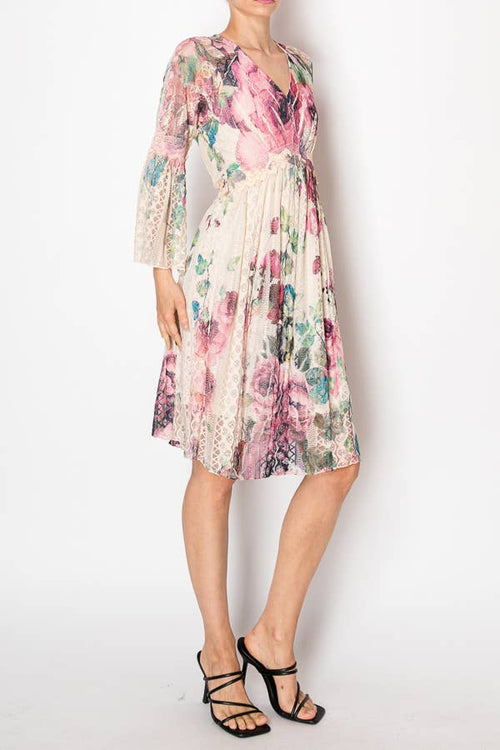 Origami Apparel ~ Lace and Crochet inspired - Dreamy Lined Short Lace Dress With Bell Sleeves - 4810BG BIG ROSE