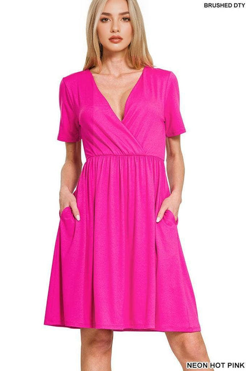42POPS - 0719 Brushed Dty Buttery Soft Fabric Surplice Dress w/ pockets SI