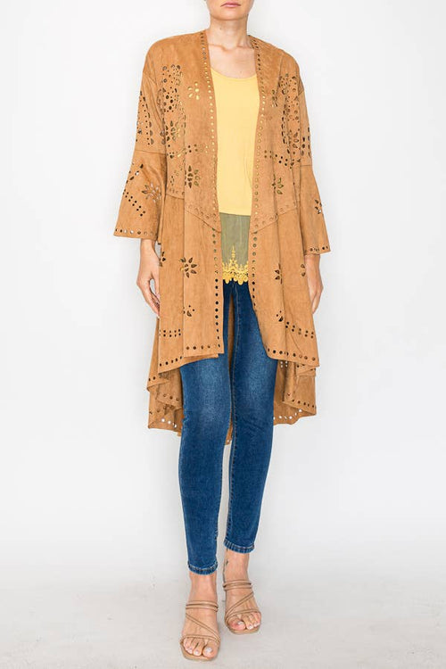 Origami Apparel ~ Faux Suede Jacket Laser Cutout Design - OLS-4762 CAMEL