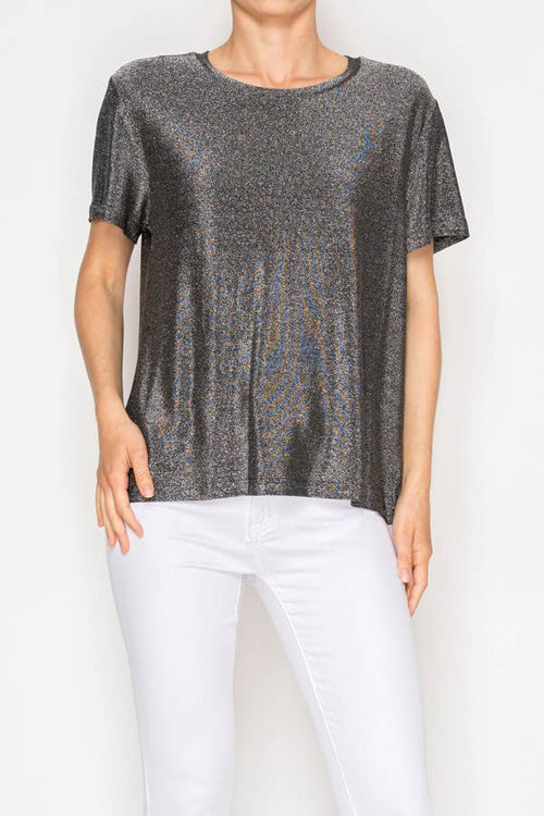 Origami Apparel ~ Lace and Crochet inspired - SUBTLY SPARKLY LUREX FABRIC SHORT SLEEVE TUNIC TOP4874BK-SIL