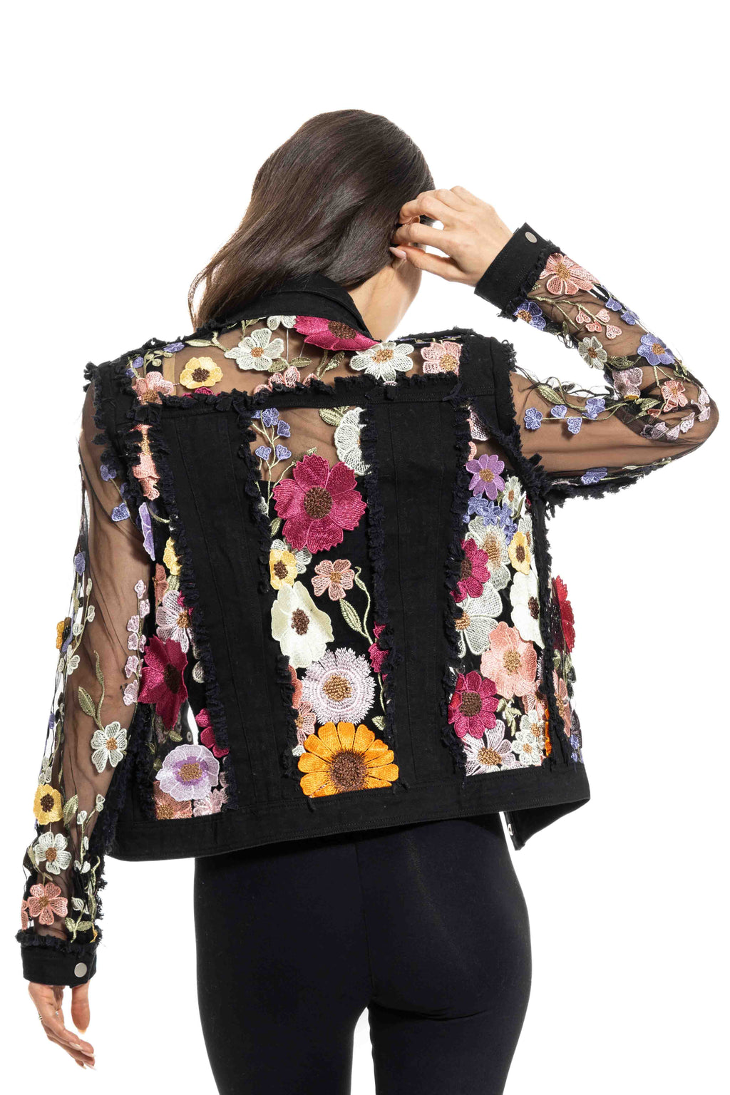 Adore Floral Embroidered Sheer Sleeve Black Denim Jacket 2406B