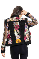 Adore Floral Embroidered Sheer Sleeve Black Denim Jacket 2406B
