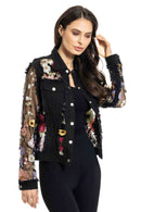 Adore Floral Embroidered Sheer Sleeve Black Denim Jacket 2406B