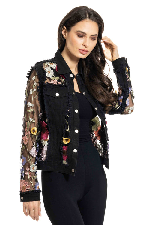 Adore Floral Embroidered Sheer Sleeve Black Denim Jacket 2406B