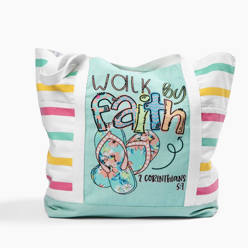 Love in Faith - Walk By Faith Flip Flop Light Blue Stripe Tote Bag