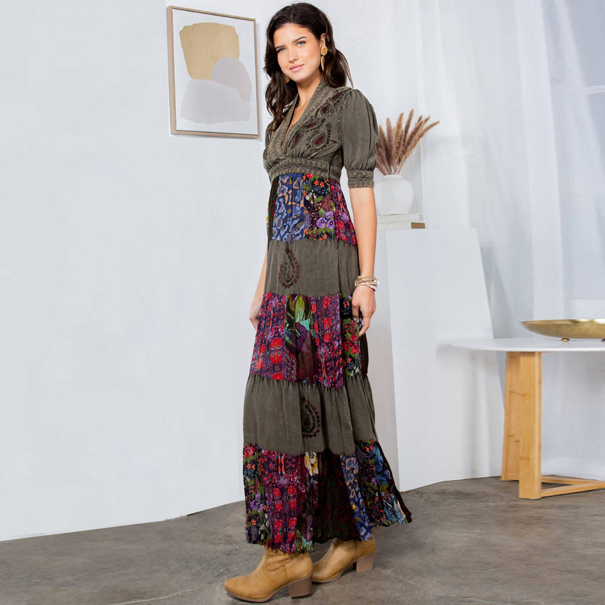 Young Threads - Eclectic Charm: Stone-Washed Rayon V-Neck Long Dress New