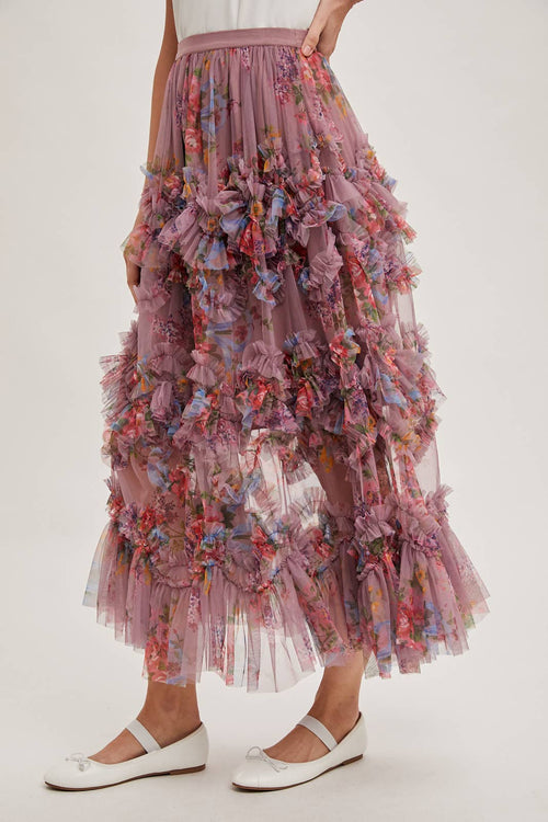 Bluivy - FLORAL RUFFLED MESH MIDI SKIRT