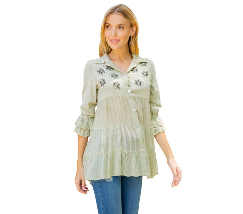 Young Threads - Women’s Mexican Embroidery Blouse - Gathered Waist Shirt