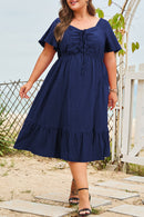 Blue Plus Size Short Sleeve Lace-up High Waist Midi Dress