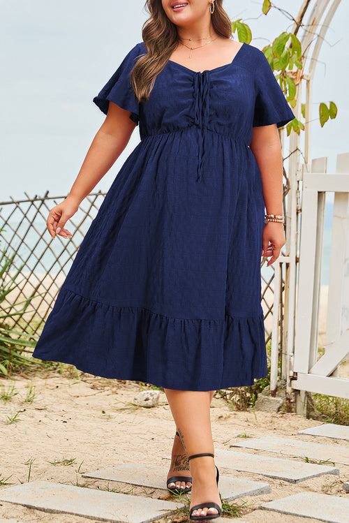 Blue Plus Size Short Sleeve Lace-up High Waist Midi Dress