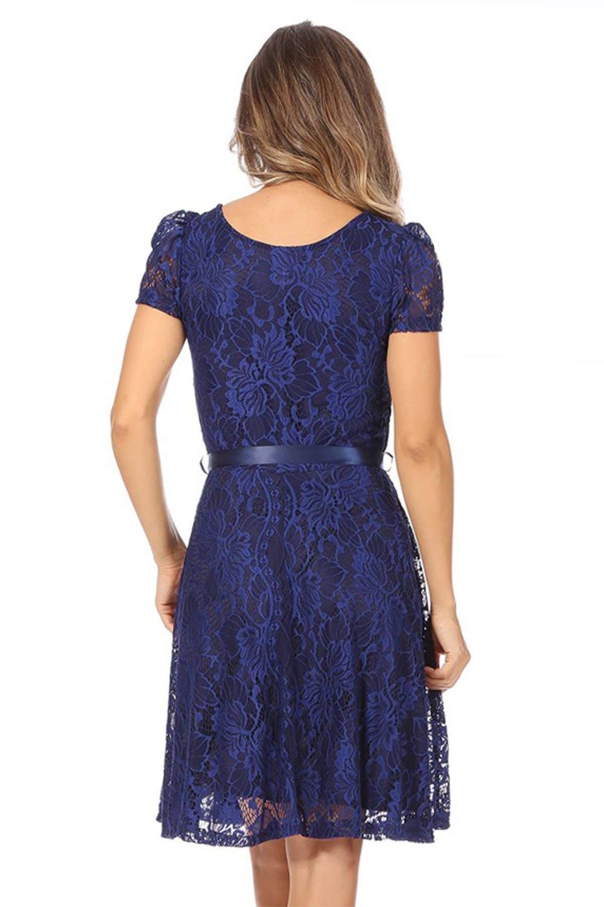 MOA COLLECTION - Women's Lace Short Sleeve A-Line Midi Dress