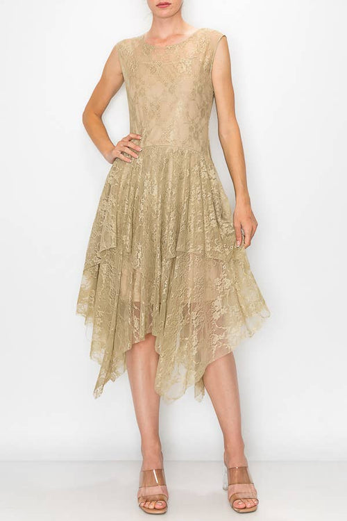 Origami Apparel ~ Lace and Crochet inspired - Taupe Lined Dress with Matching Slip