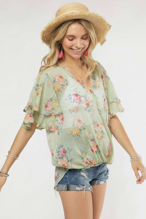 Madelyn - LYT14199A-PRINTED CROSS OVER FLARE SLEEVE TOP