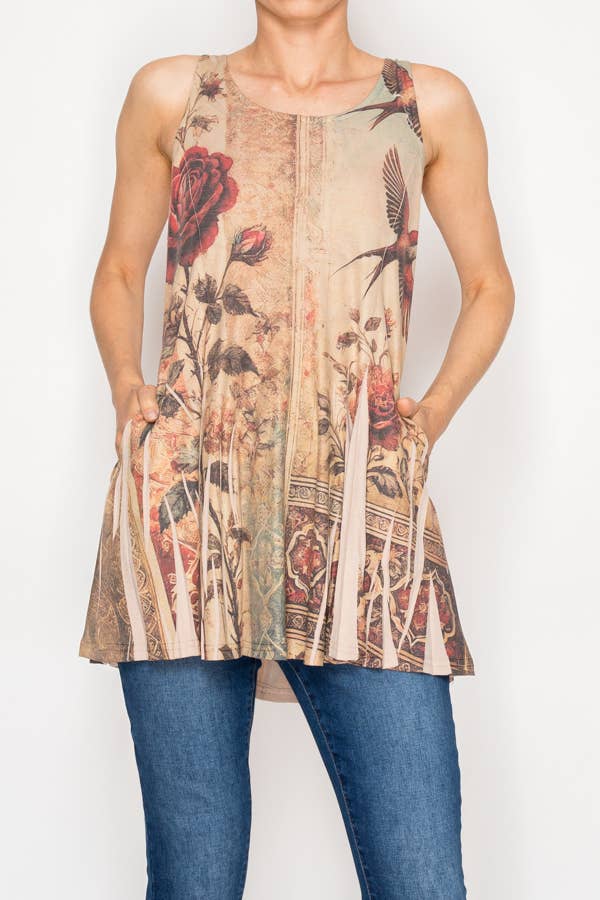 Origami Apparel ~ Lace and Crochet inspired - Soft Flowy Tunic Tank with Hidden Pockets - 501-T16TP-VINTAGE BI