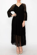 Origami Apparel ~ Lace and Crochet inspired - Romantic Lace Bell-Sleeved A-Line Midi Dress - 4658 BK