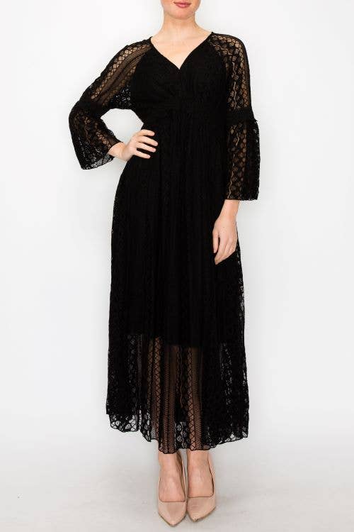 Origami Apparel ~ Lace and Crochet inspired - Romantic Lace Bell-Sleeved A-Line Midi Dress - 4658 BK