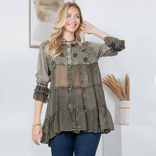Young Threads - Women’s Mexican Embroidery Blouse - Gathered Waist Shirt