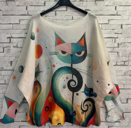 LOOWIE - Z760 Cream Cat Round Knit Printed Sweater LOOWIE