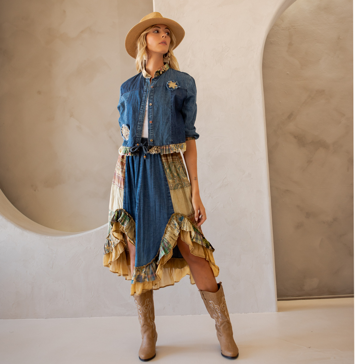 Young Threads - Western Boho Chic: Patchwork Cropped Denim Jacket