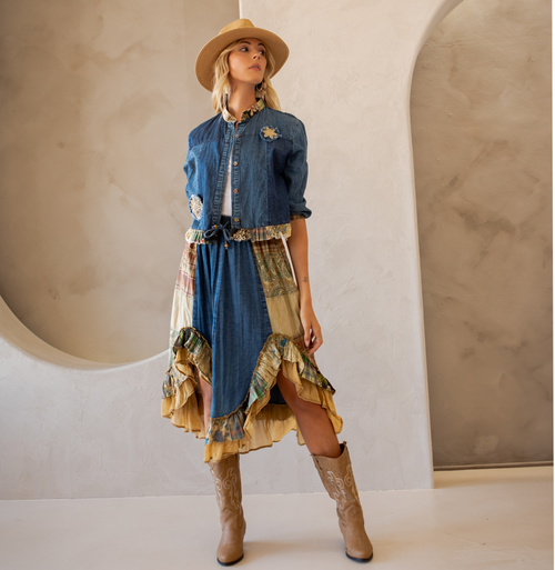 Young Threads - Western Boho Chic: Patchwork Cropped Denim Jacket