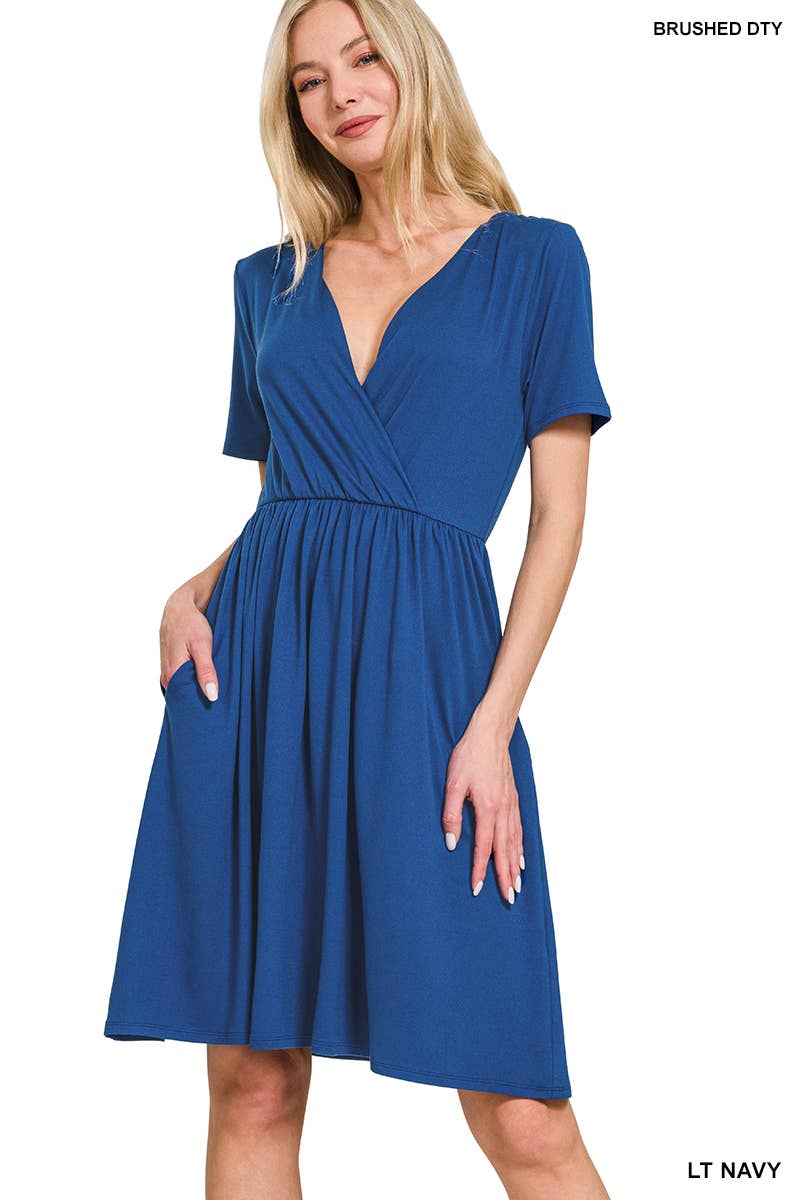 42POPS - 0719 Brushed Dty Buttery Soft Fabric Surplice Dress w/ pockets SI