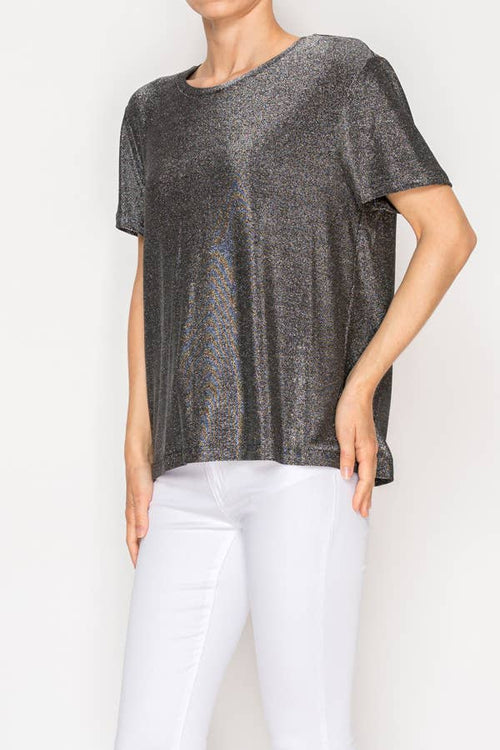 Origami Apparel ~ Lace and Crochet inspired - SUBTLY SPARKLY LUREX FABRIC SHORT SLEEVE TUNIC TOP4874BK-SIL